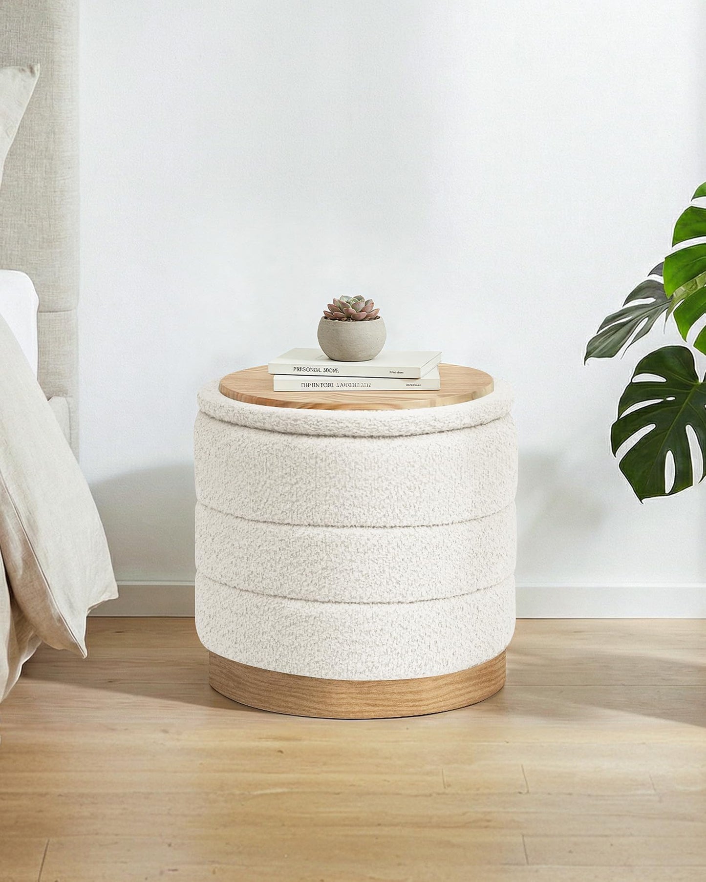 Bonlife Round Chenille Storage Ottoman, Folding Footstool with Table Top, 39X39X37cm, Load Capacity 120kg