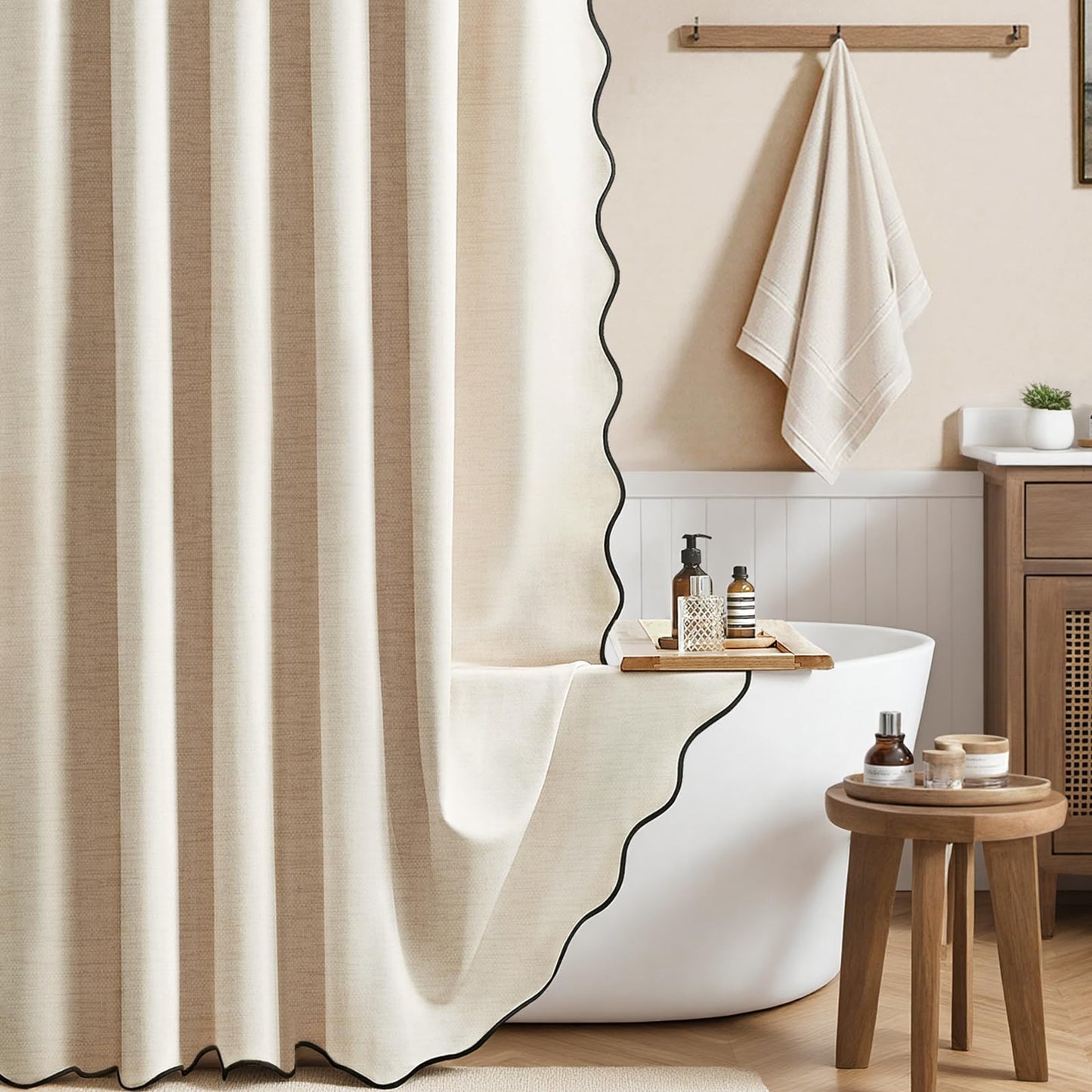 BTTN Long Scalloped Shower Curtain, Waterproof, 184x200cm, Beige/Cream