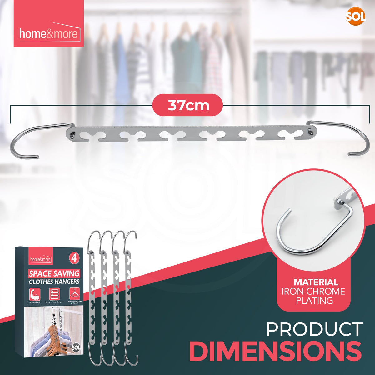 SOL 4pk Space-Saving Hangers - Multi Coat Anti-Slip Wardrobe Organiser