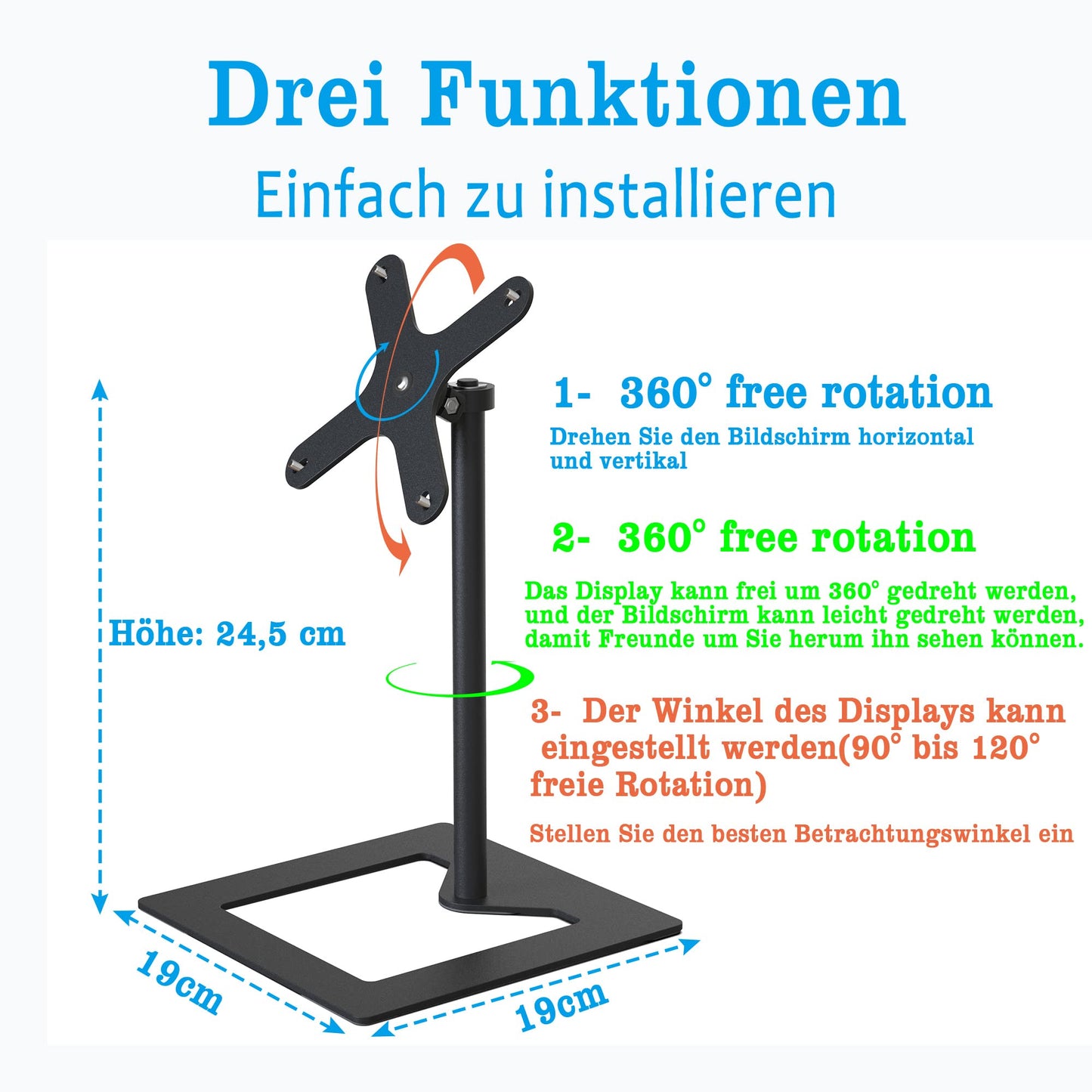 Adjustable metal stand for the E cho S how 15, free to tilt and swivel 360°, 15.6 inch monitor stand for E cho S how 15, robust and non-wobbly