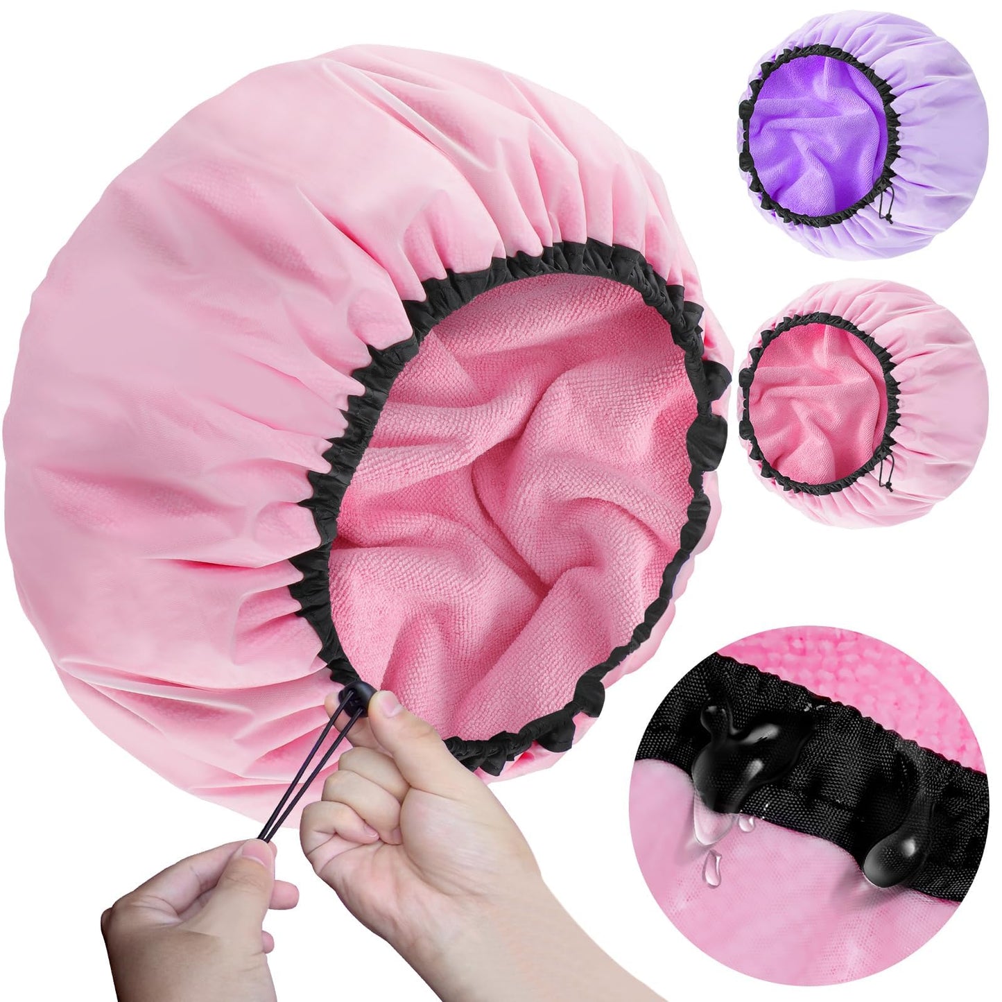 Sheomern Dual Waterproof Design Adjustable Terry Shower Cap for Women and Men, EVA Double Layer Bath Cap Reusable for Braids, Long Hair, Dreadlocks (2