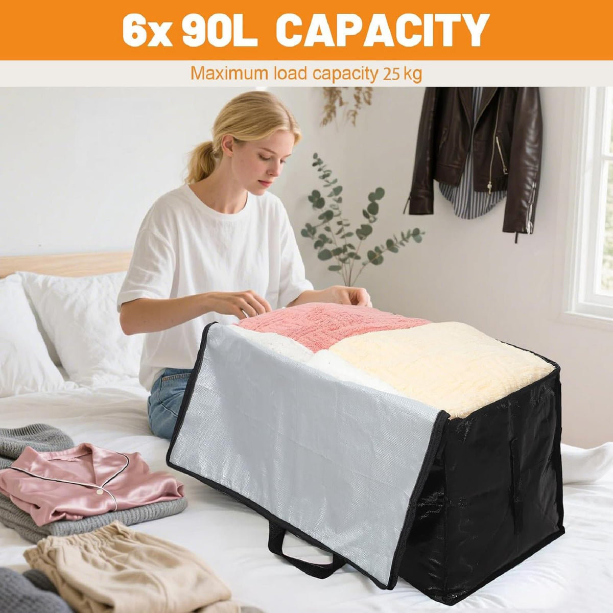 6 Pack 90L Moving Bags, Heavy Duty Storage Bags Dorm Moving Essential,Black