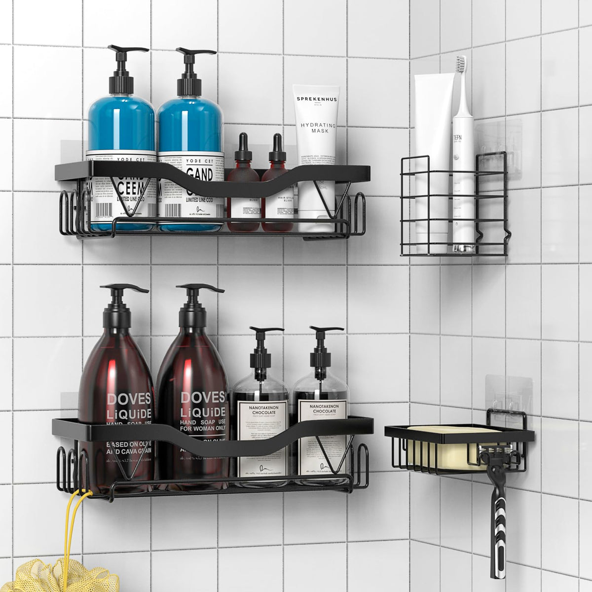 UUlioyer Shower Caddy, Rustproof Bathroom Shelf No Drilling, Bath Storage with Hooks (4-Pack Shower Caddy)