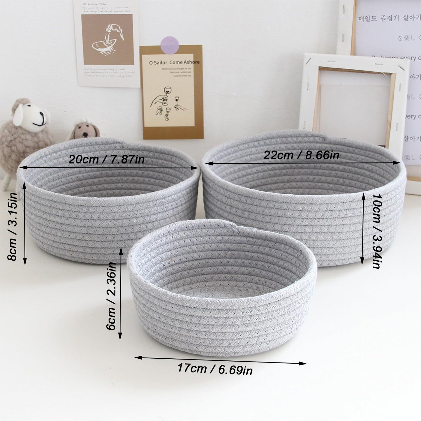 Lxoraziy Shelf Storage Baskets, Pack of 3 Cotton Rope Woven Bathroom Storage Basket, Stackable Set For Living Room, Bedroom, Office, Bathroom(grey)