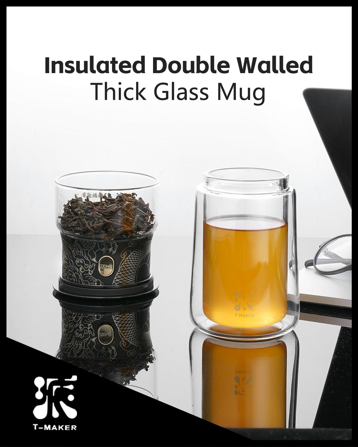 ZENS Cool Glass Teapot with Infuser, Smart One Touch Tea Maker, Loose Tea Infuser Pot with Insulated Cup and Portable Carry Case for Hot Tea