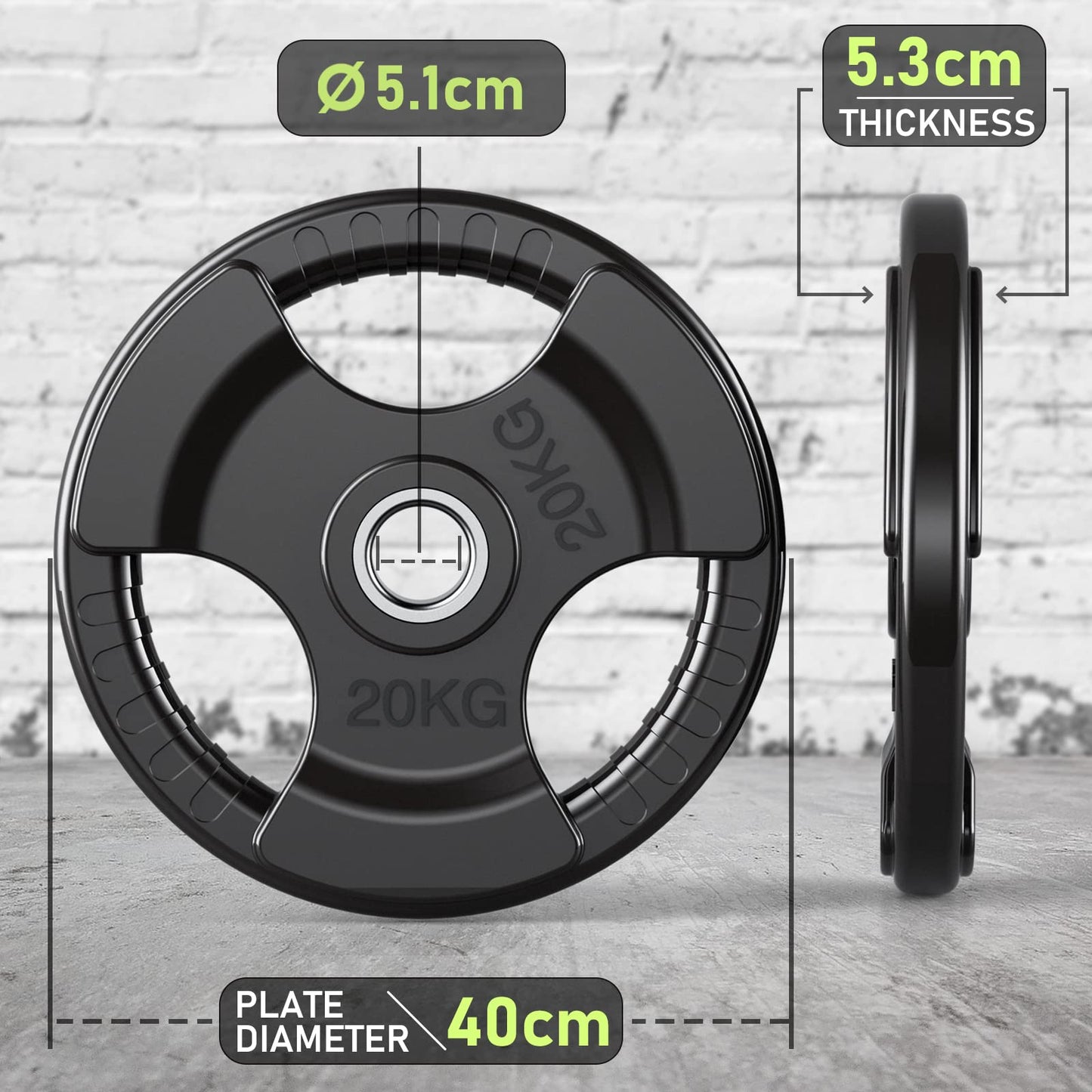 PhysKcal Olympic Weight Plates 1 x 20kg with Rubber Finish 2?? Opening and Tri-Grips, Black Barbell Plates Discs for Lifting and Strength Training,