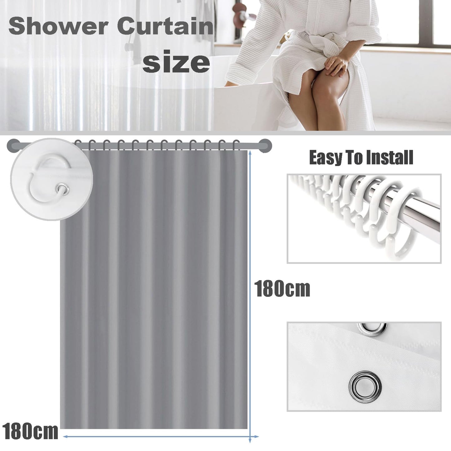 ECO Shower Curtain, Solid Animal PEVA Waterproof Heavy Duty Bathroom Curtains with 3 Magnets, 12 Plastic Hooks Quick-Drying Washable, 180x180cm