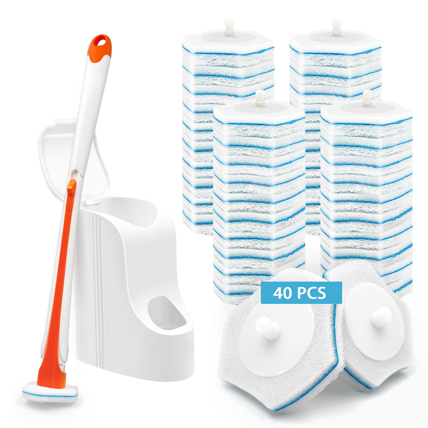 JEHONN Disposable Toilet Bowl Cleaner Wand with 40 Cleaner Refills, Wall Mounted Long Handle Compact Bathroom Scrub Brush Holder Set for Sink Bathtub