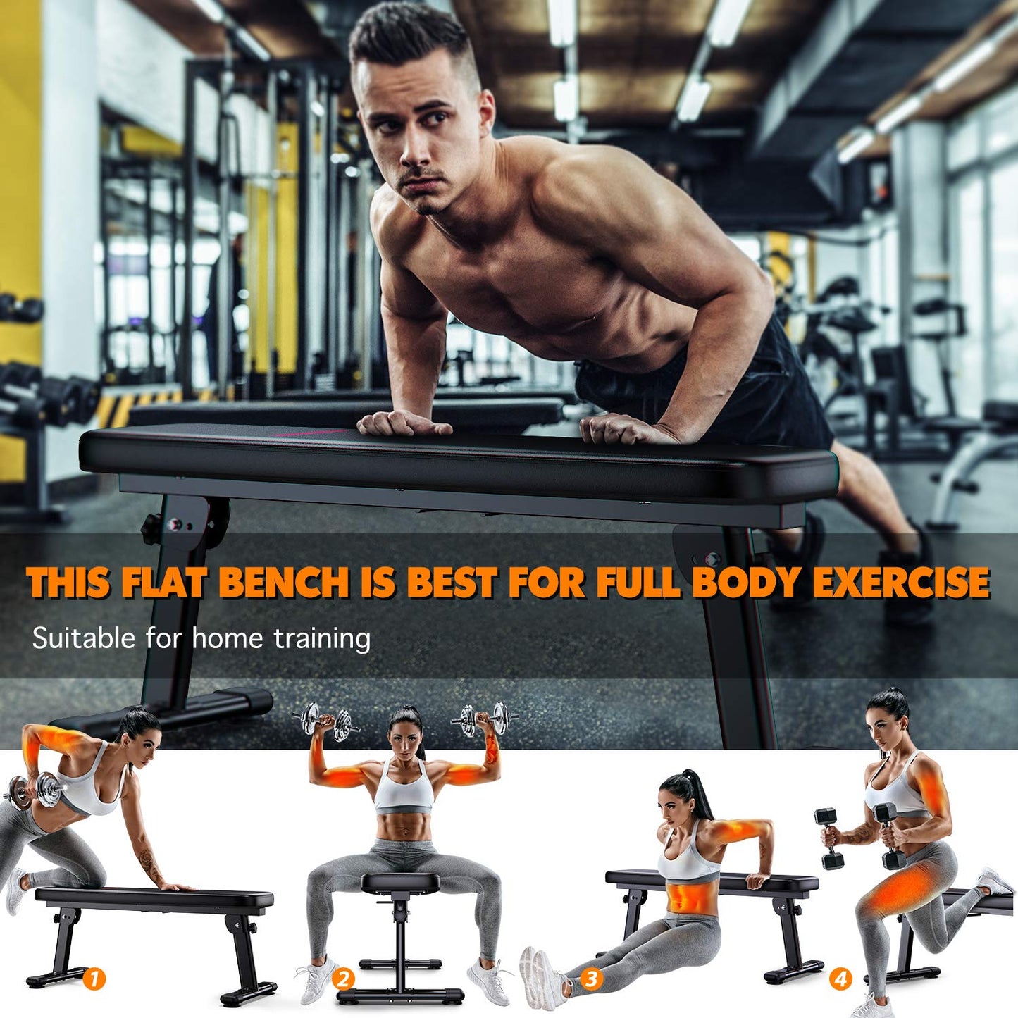 WINNOW Weight Bench Folding Workout Bench with Carrying Handle Flat Home Training Multiuse Fitness Bench