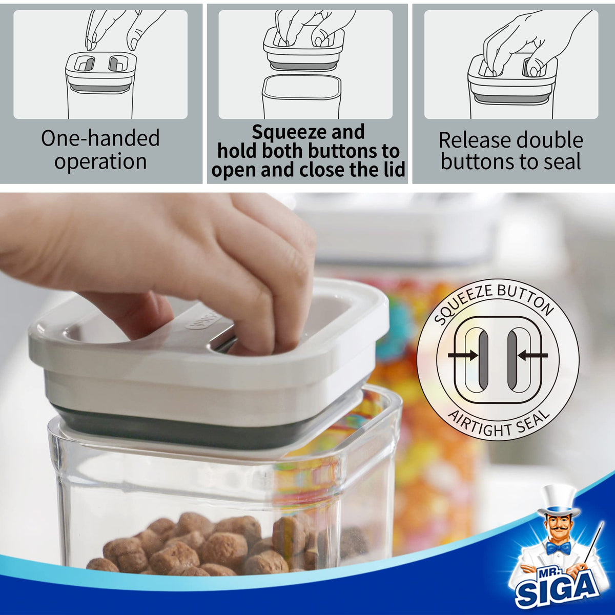 MR.SIGA 8 Piece Airtight Food Storage Container Set, BPA Free Kitchen Pantry Organization Canisters, One-handed Airtight Plastic Containers with Lids