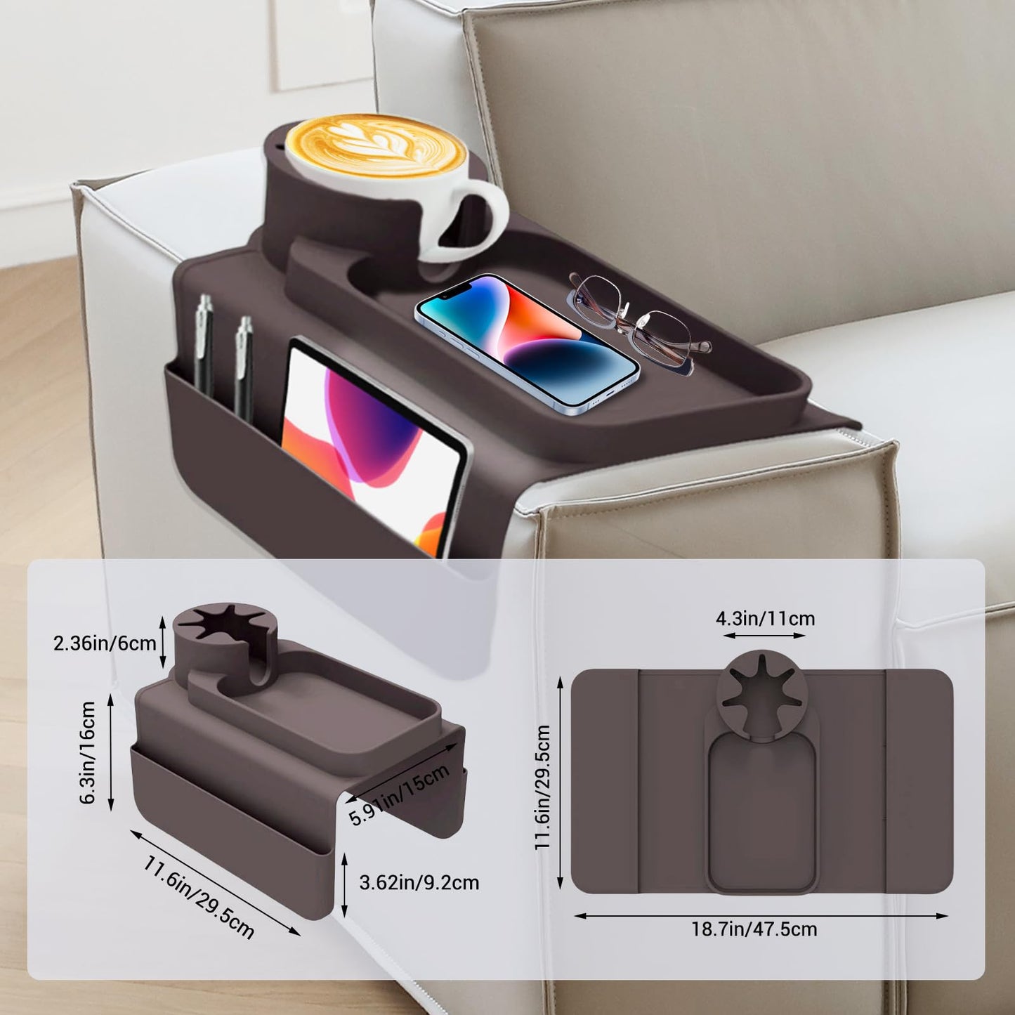 JNCST Sofa Armrest Tray - Silicone Couch Cup Holder with Anti-Slip Base & Multi-Pockets Spill-Proof Sofa Tray for Coffee
