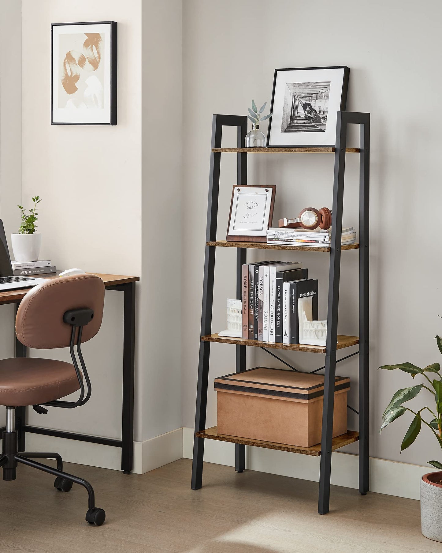 VASAGLE Ladder Shelf, Bookshelf, 4-Tier Industrial Storage Rack for Living Room, Bedroom, Kitchen, Rustic Brown and Black LLS44X