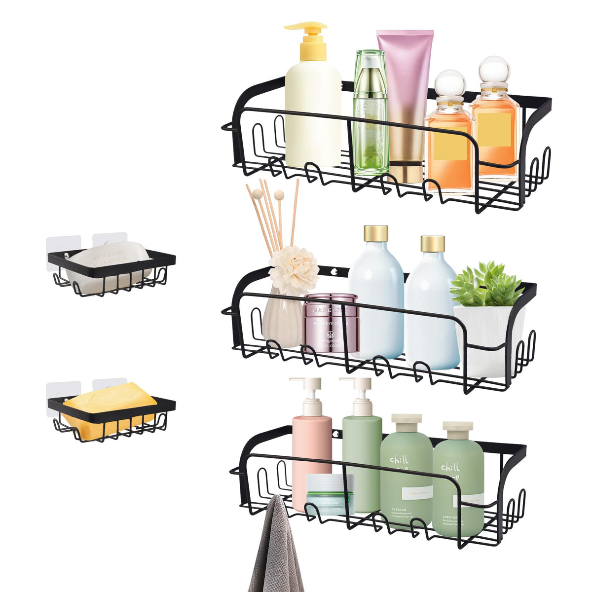 Evenpop 5 Pack Shower Caddy, No Drilling, Rustproof Shower Shelf with Soap Holder and Hooks with 20 Hooks, Rustproof Bathroom Kitchen Storage &