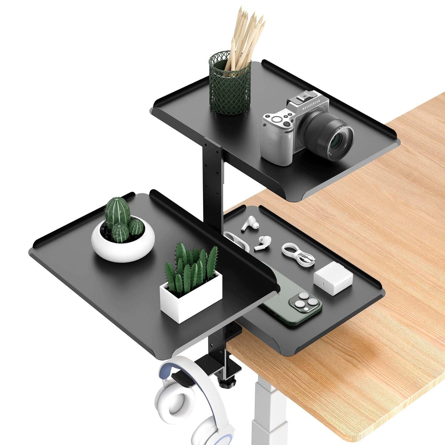 Clampable Desk Organiser Shelf, 3 Tier Bookshelf, Desk Storage Rack, Desktop or Under with Adjustable Metal Tray Headphone Stand