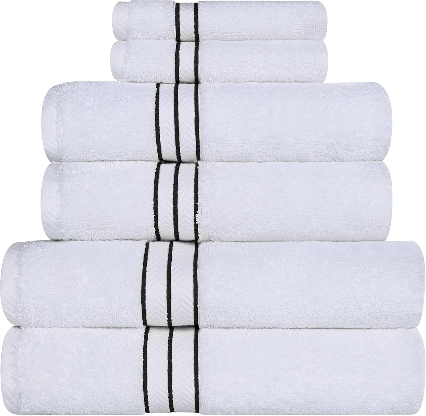 Superior 6 Piece Long-Staple Combed Cotton 900 Gram Towel Set, White with Black Border