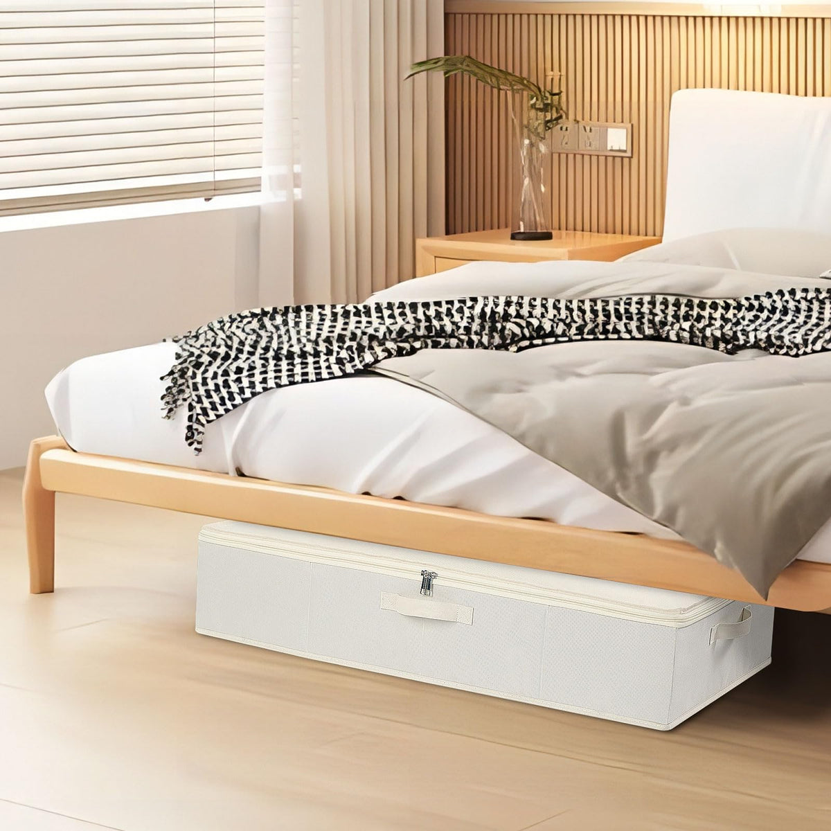 YheenLf 3-Pack Under Bed Storage Box with Lid, Foldable Wardrobe Organiser with Reinforced Handles for Blanket, Sheets, Clothing, Shoes, Beige,