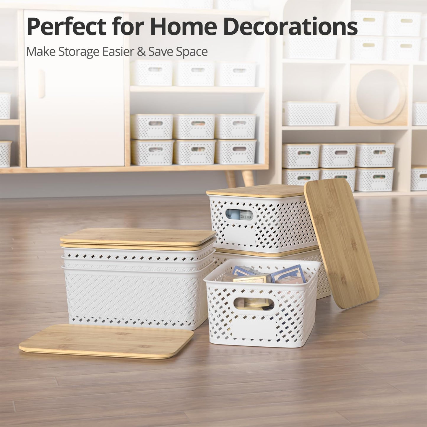 HapiLeap Plastic Storage Baskets With Bamboo Lid, Stackable Plastic Storage Boxes for Organizing Pantry Shelves Drawers Desktop Closet Playroom
