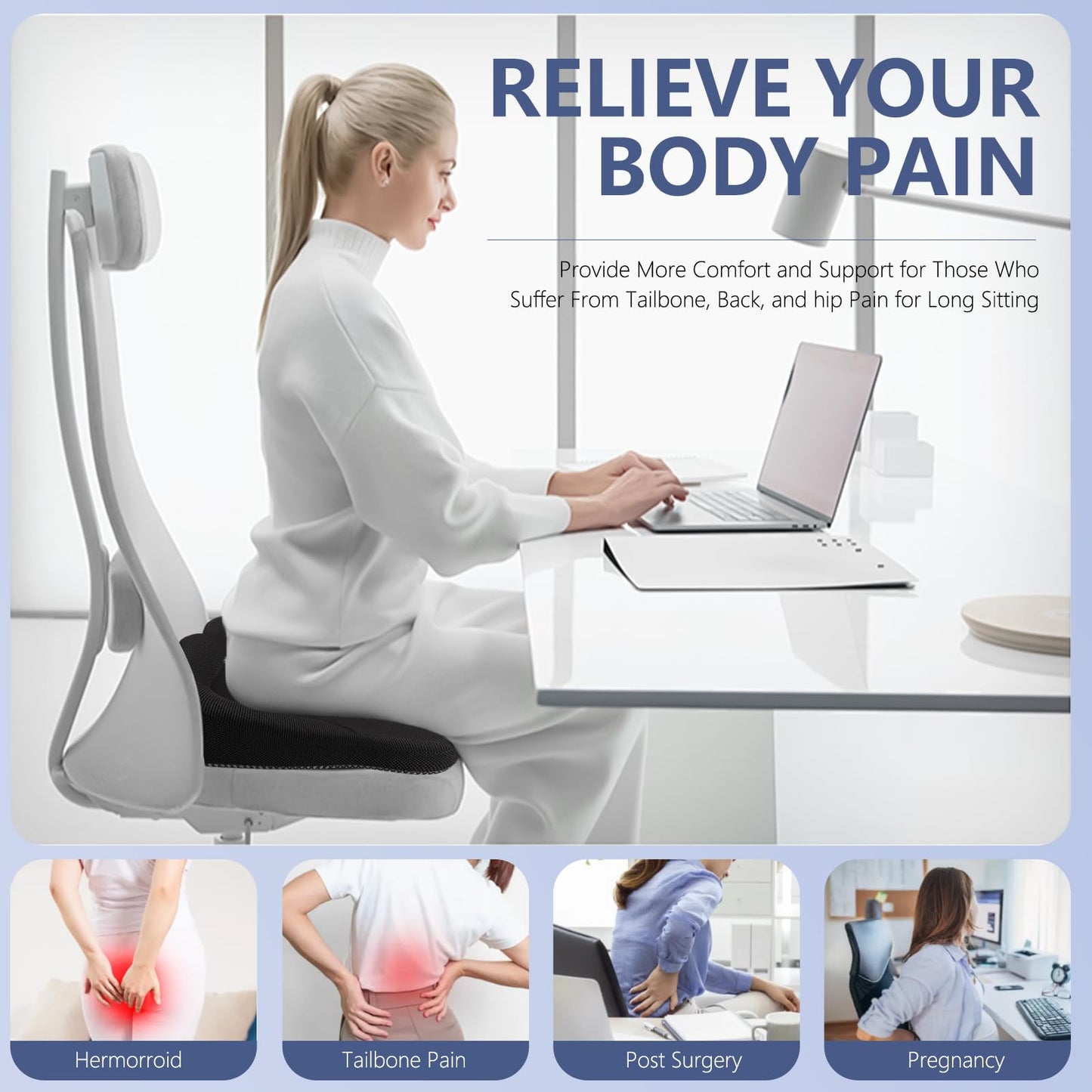 19.7in Thicken Gel Seat Cushion Pressure Relief for Long Sitting
