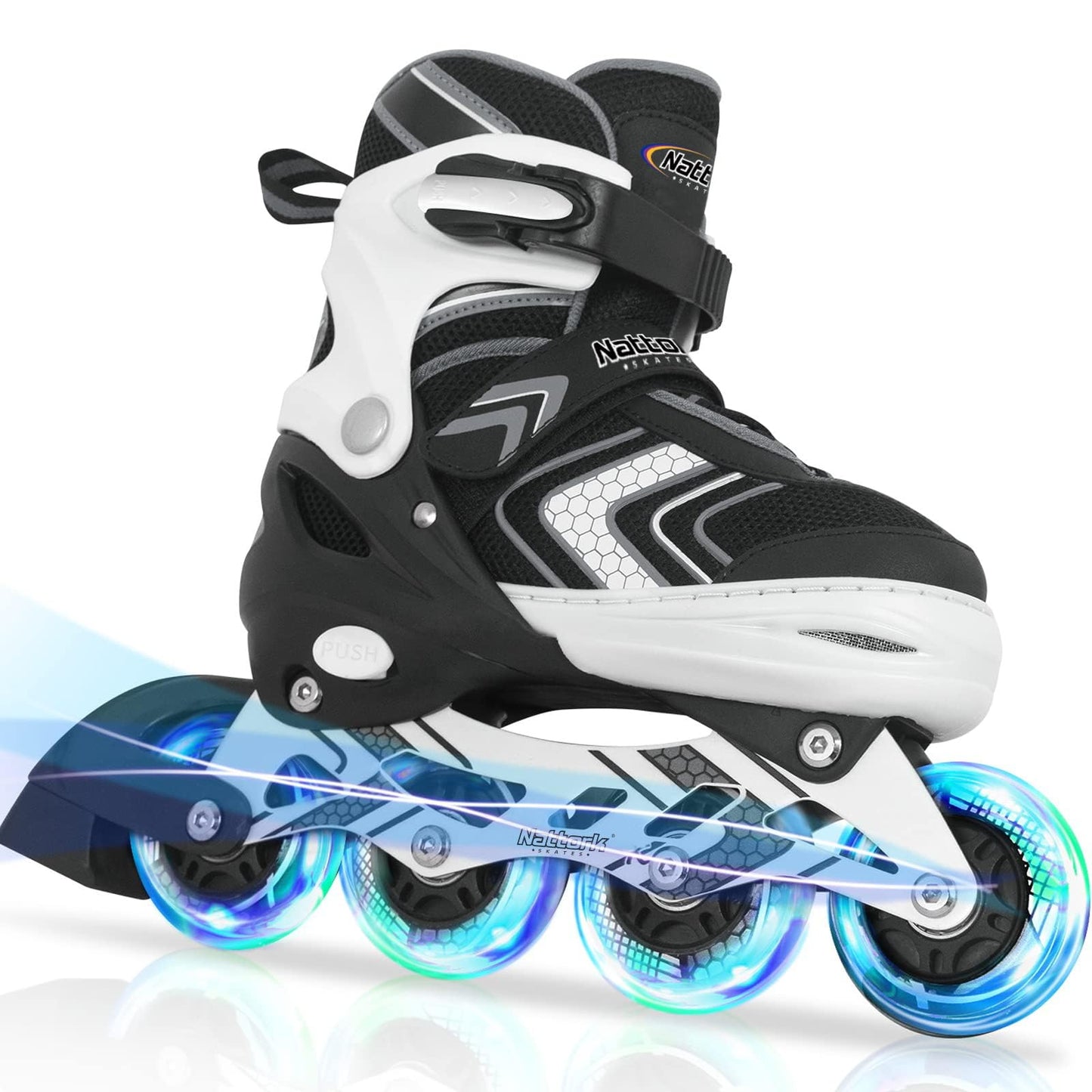 Nattork Roller Skates for Boys with Full Light up Wheels, Adjustable Beginner Inline Skates for Big Kids, Black, Size 1 2 3