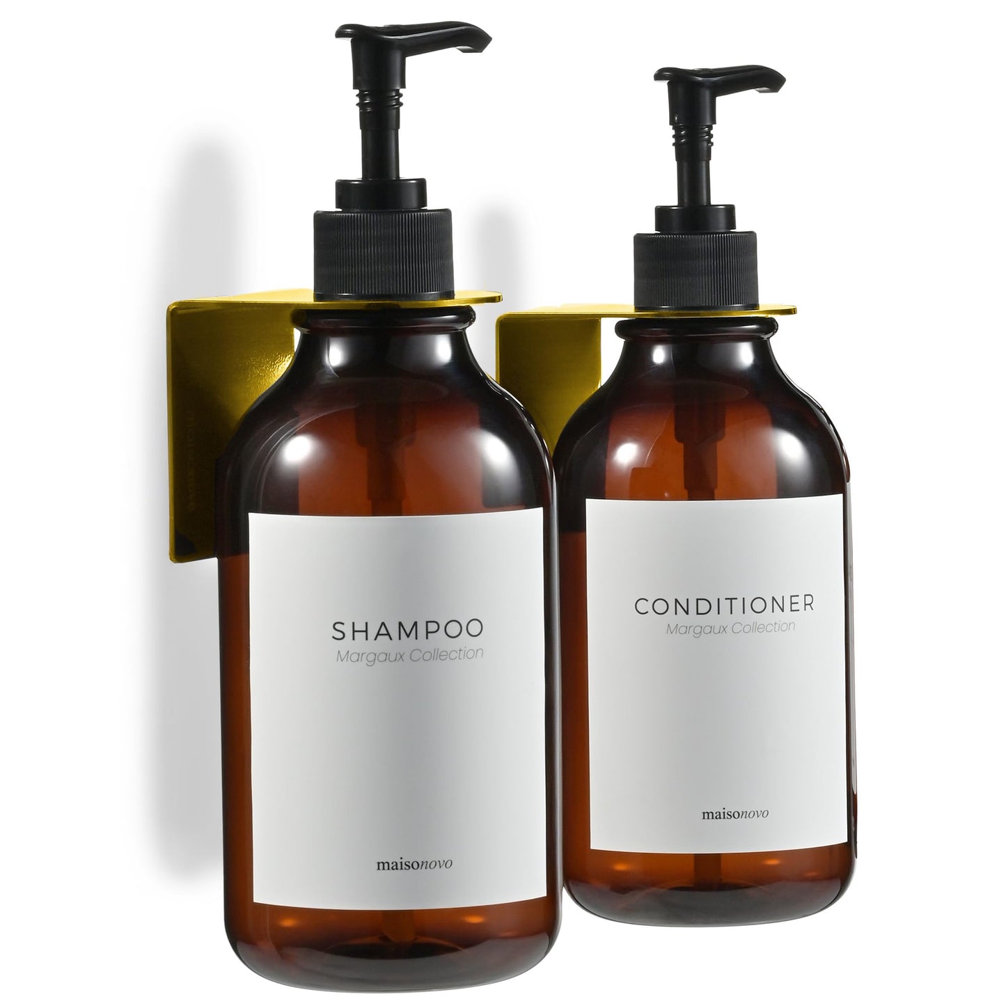 MaisoNovo Shampoo and Conditioner Dispenser - Shower Soap Dispenser Wall Mounted - 500 ml Set of 2 Amber Plastic Bottles Black Pump - 2 Chamber No
