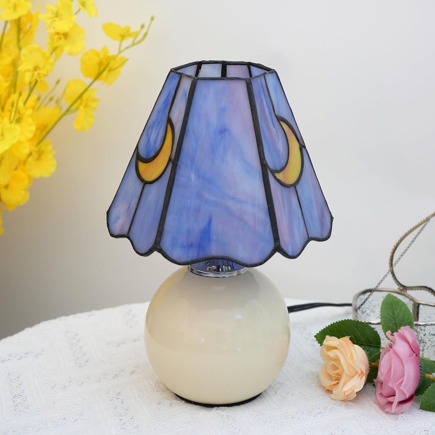 KIPHEPI Mushroom Lamp Small Bedside Table Lamp-Nightstand Pink Blue Glass Moon Nightlight for Bedroom Dorm Living Kitchen, Tiffany Style Aesthetic