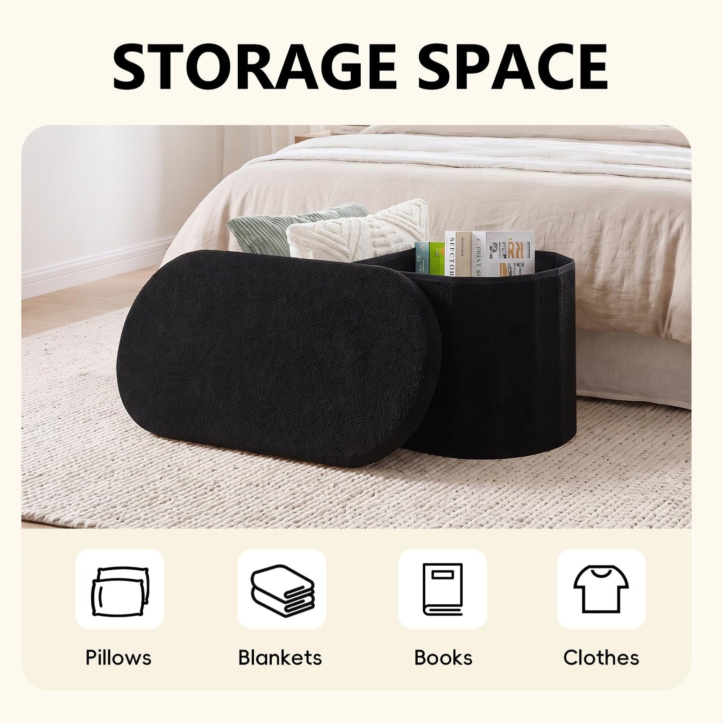 PINPLUS Oval Storage Bench Folding Ottoman Boucle Black, 76x38x38 cm