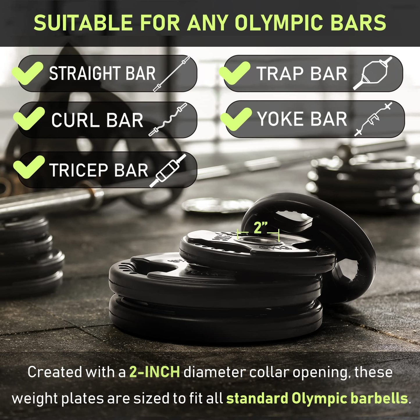 PhysKcal Olympic Weight Plates 4 x 2.5kg with Rubber Finish 2?? Opening and Tri-Grips, Black Barbell Plates for Lifting and Strength Training, Solid