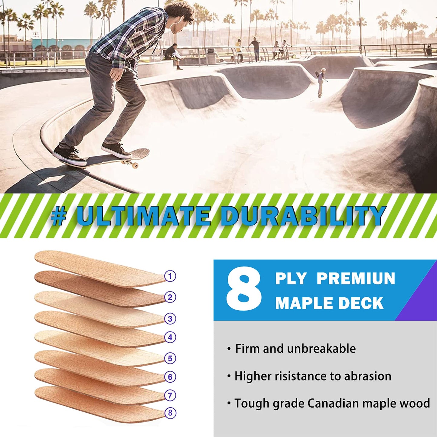 Skateboard,31 x 8 Inch Complete Skateboard, 8-Layer Maple Wood Deck Double Kick Standard Skateboards for Kids, Teens, Adult, Beginner (Dream)