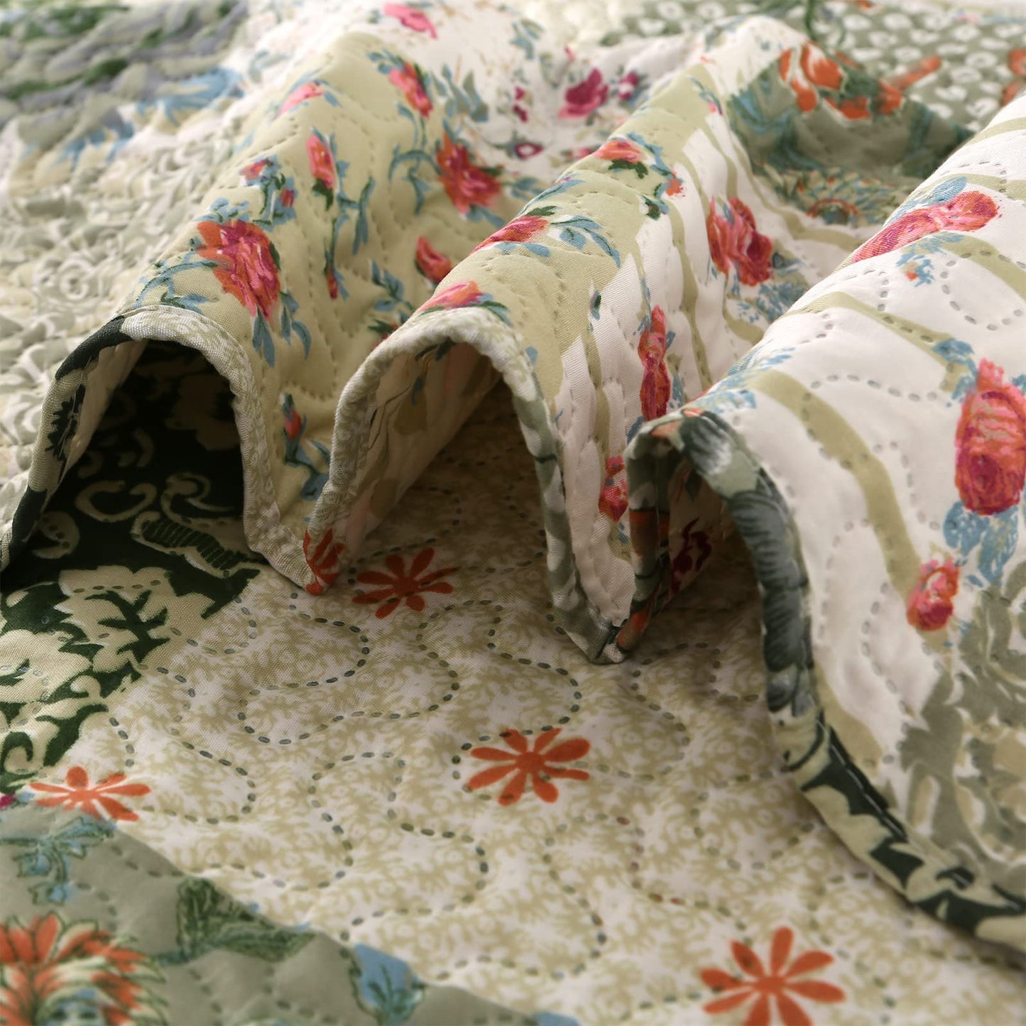 Qucover 3-Piece Double Bedspread Set, American Style Green Patchwork Pattern Bedspread, Light Breathable Polyester Ultrasonic Quilting Coverlet Set