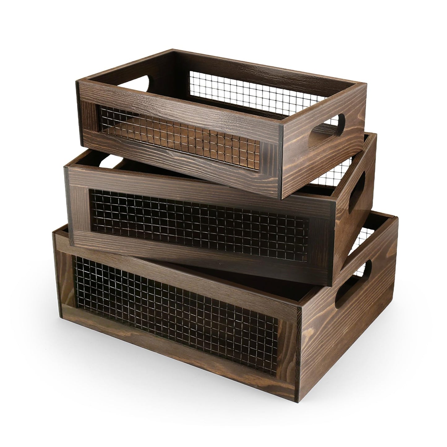 Nagoyuki Set of 3 Wooden Rustic Nesting Boxes, 3 Size Wooden Storage Box with Handle and Metal Wire, Wood Wire Containers with Handle for Countertop