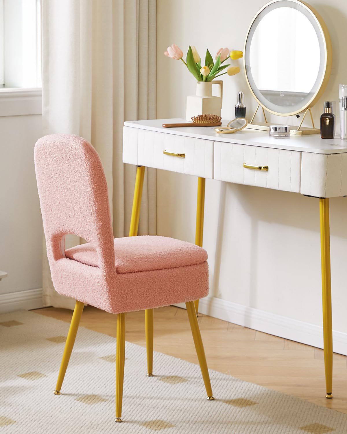 IBUYKE Storage Vanity Stool Chair with Folding Backrest, Pink WBD027P