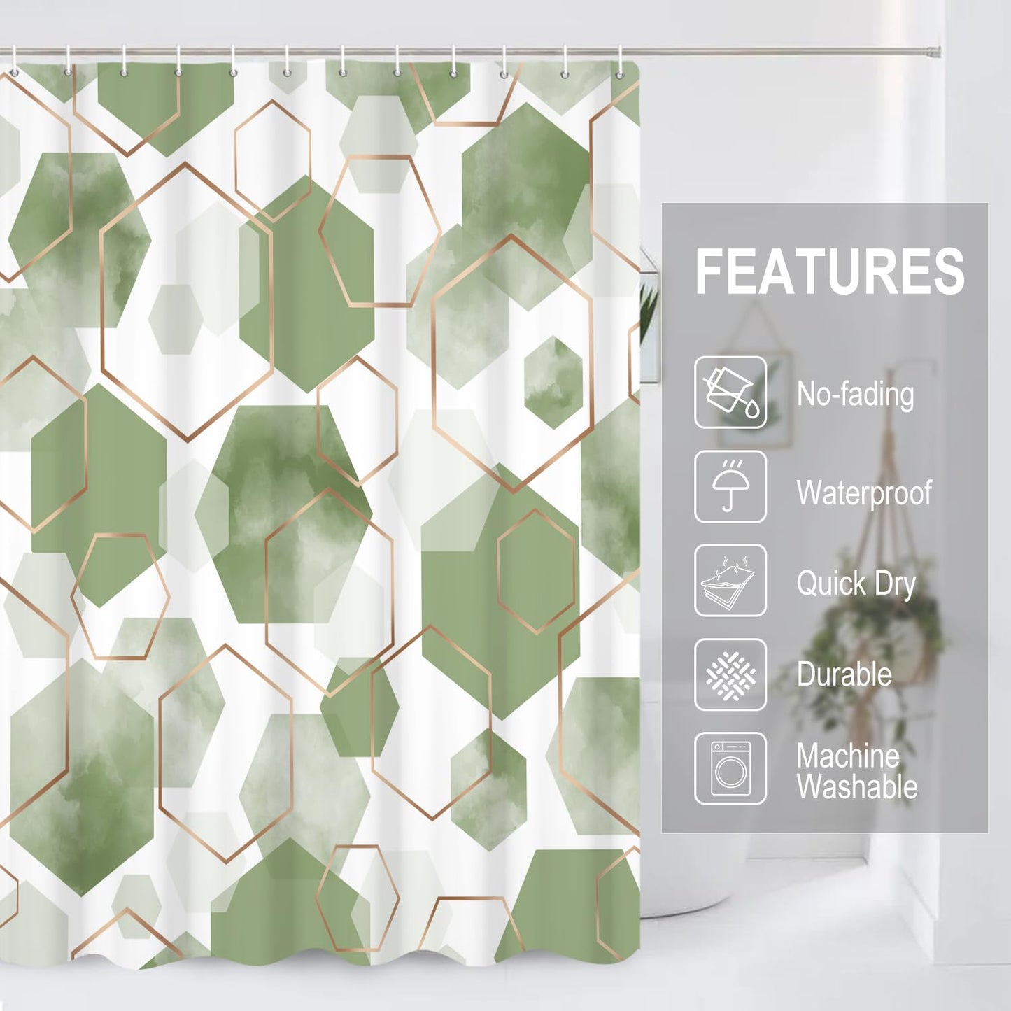 GCIREC Shower Curtain, 180x200cm, Green Modern Abstract Art Watercolor Geometric Grid Waterproof Fabric Machine Washable Bathroom Curtain with Hooks