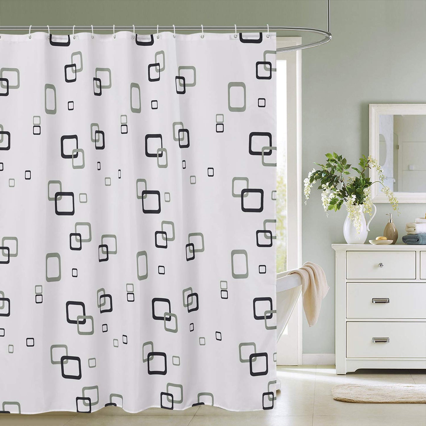 Trimming Shop Shower Curtain 180 x 200 cm Polyester Anti-Mould Waterproof Fabric Shower Liner Long Bath Bathroom Curtain with 12 Curtain Rings Hooks