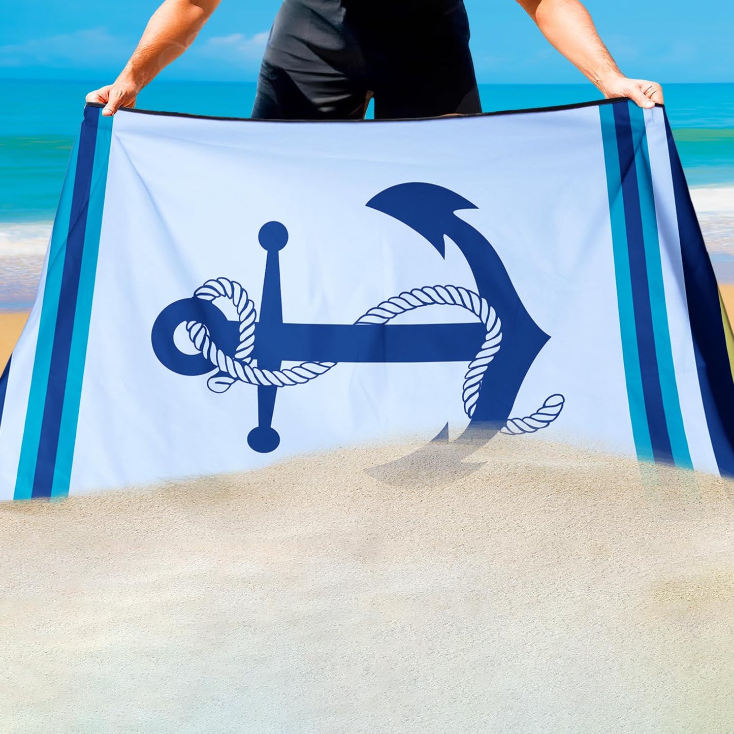 Violetpos Nautical Anchor Beach Towel, Extra Large 180x90 cm 250GSM Microfibre, Sand Free Quick Dry