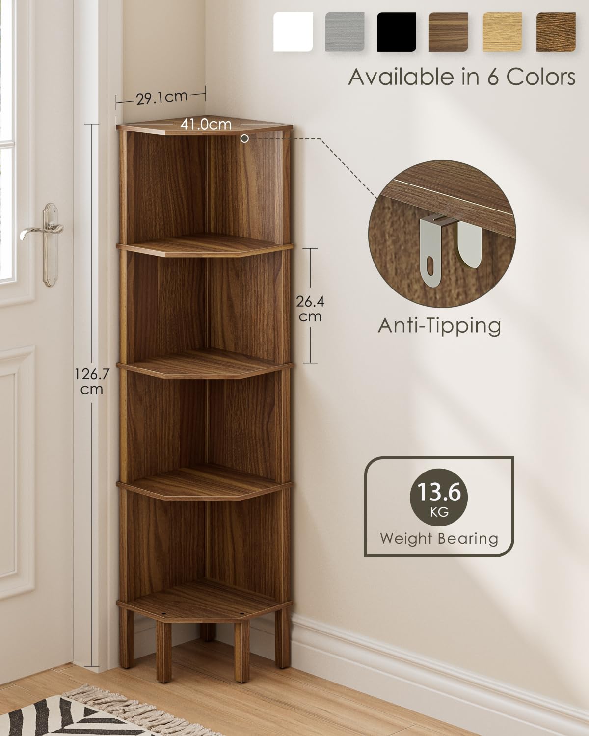 Apetaccat Corner Shelf, 4 Tier Corner Modern Corner Bookshelf, Display Corner Bookshelf,Wooden Storage Rack for Living Room,Bedroom,Office,Walnut