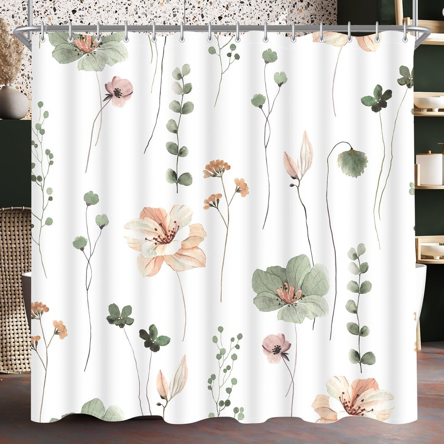 Lerores Shower Curtain, 240 x 200 cm, Sage Green Flower, Weighted Hem, Anti-Mould, Water-Repellent, Washable Polyester Bath Curtains with 16 Eyelets