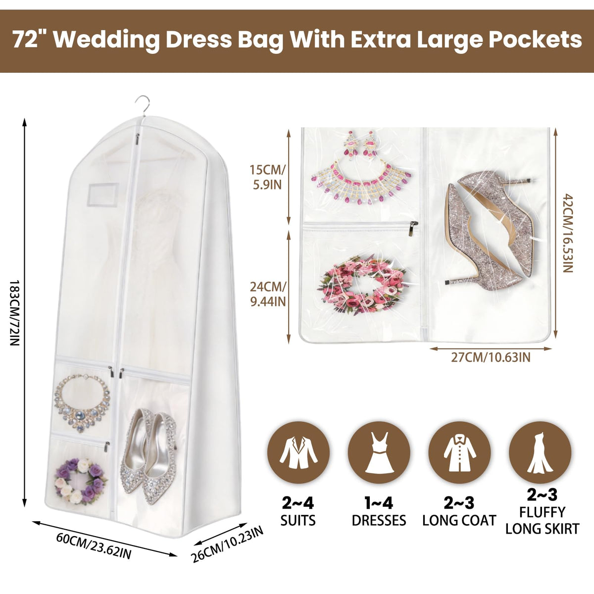 70" Wedding Dress Bag with Bride Tote Bag Covers Garment Bags with 3 Pockets and ID Slot Suit Carriers for Ball Gowns & Bridal Dress Dustproof Dress