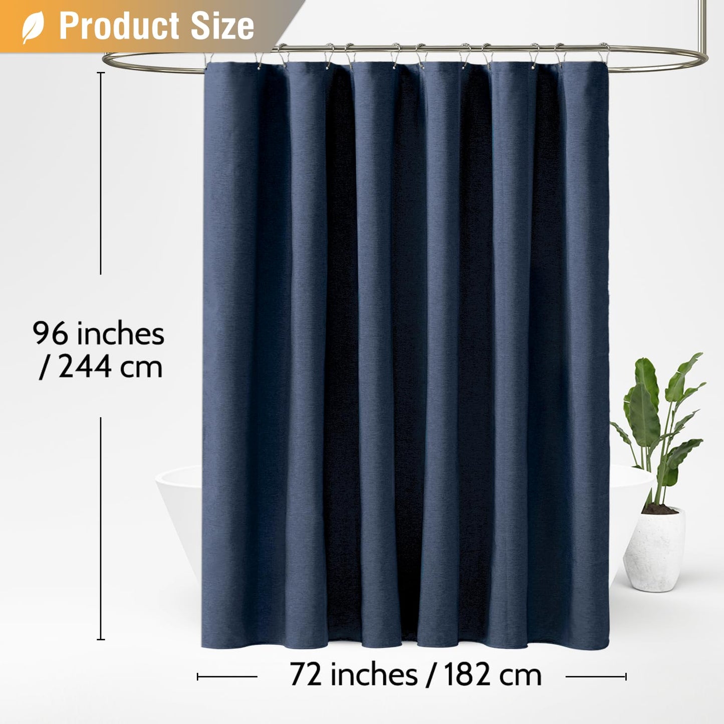 BTTN Extra Long Linen Look Weighted Shower Curtain, 182x244cm, Navy Blue