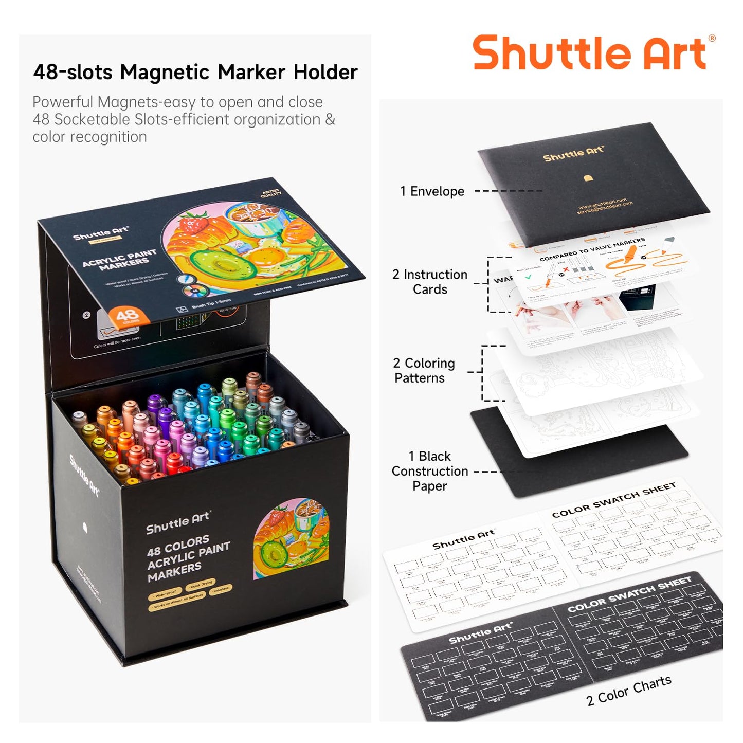 Shuttle Art Automatic Ink Control Acrylic Paint Pens, 48 Colours Brush Tip Paint Marker Pens, Paint Pen for Rock Painting Ceramic, Wood, Fabric,