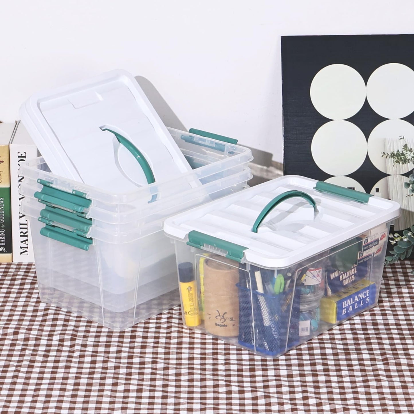 Gloreen 4 PCS Lidded Storage Box, 10L Plastic Container with Handle, Clear