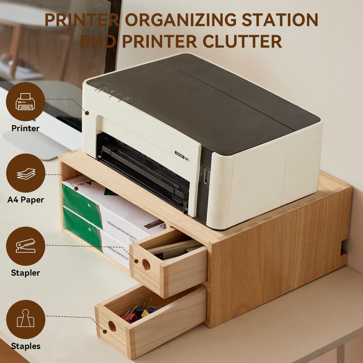 KIRIGEN Solid Wood Printer Stand with 2 Drawers & Open Compartment, Desk Tidy Organizer for A4 Paper, Office Supplies & Power Strip Storage