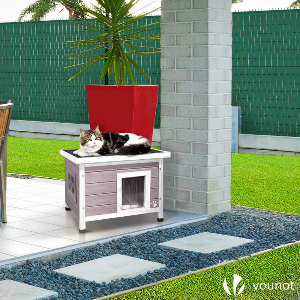 VOUNOT? Cat House Garden Wooden Kitten Home with Water-resistant Openable Roof, Privacy Window Outdoor Pet Shelter 57x45x43cm, Grey