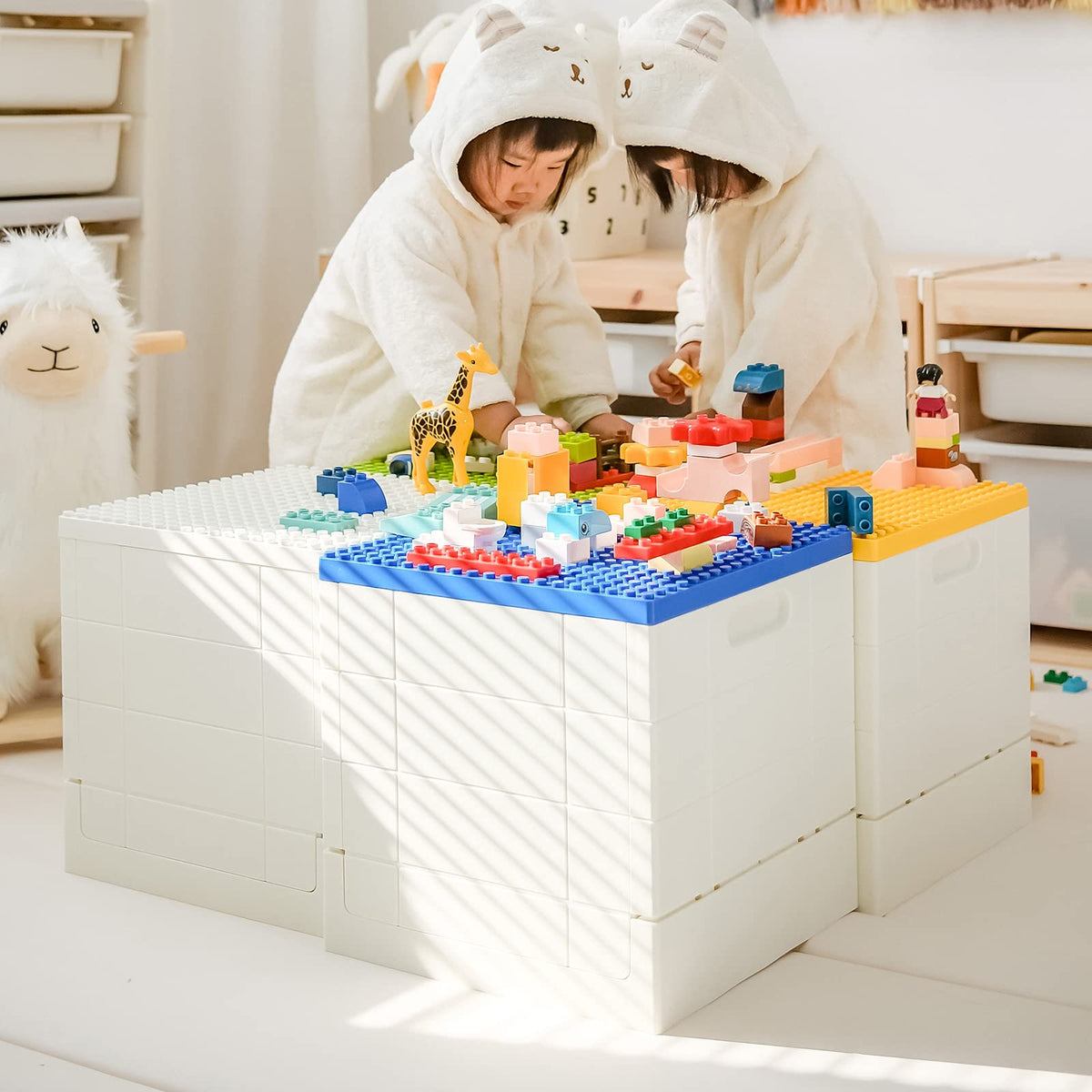 SHIMOYAMA Collapsible Storage Box with Baseplate Lid for Duplo, 25L Stackable Bin with Separate Building Board for Lego
