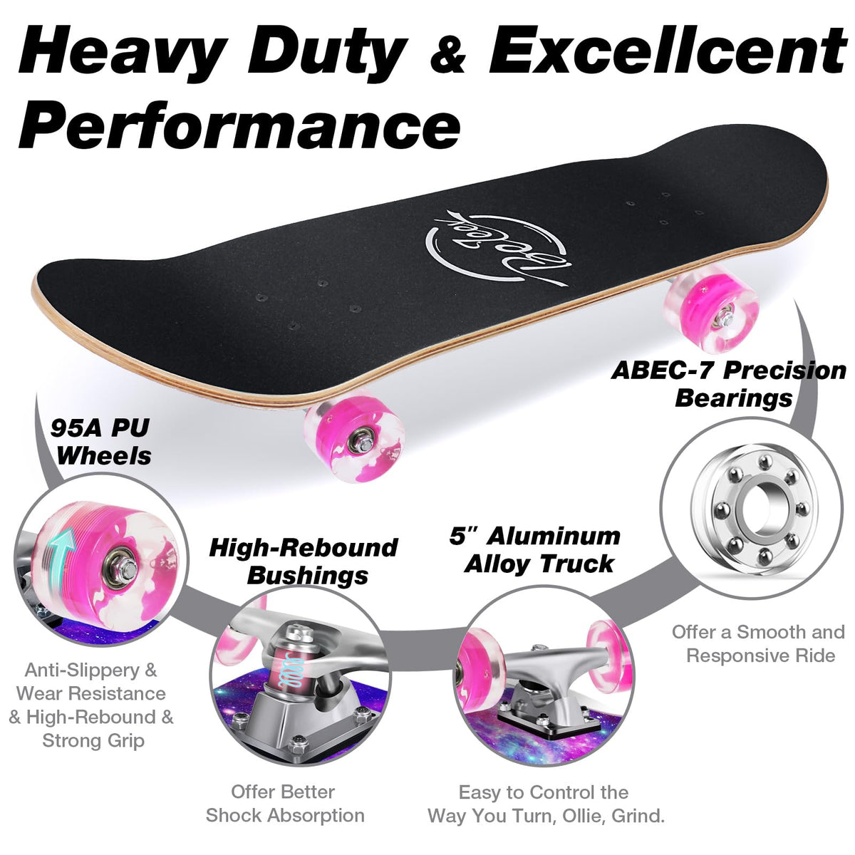 BELEEV Skateboards, 31 x 8 inch Complete Skateboard for Beginners, 7 Layer Canadian Maple Double Kick Deck Concave Cruiser Trick Skateboard for Kids