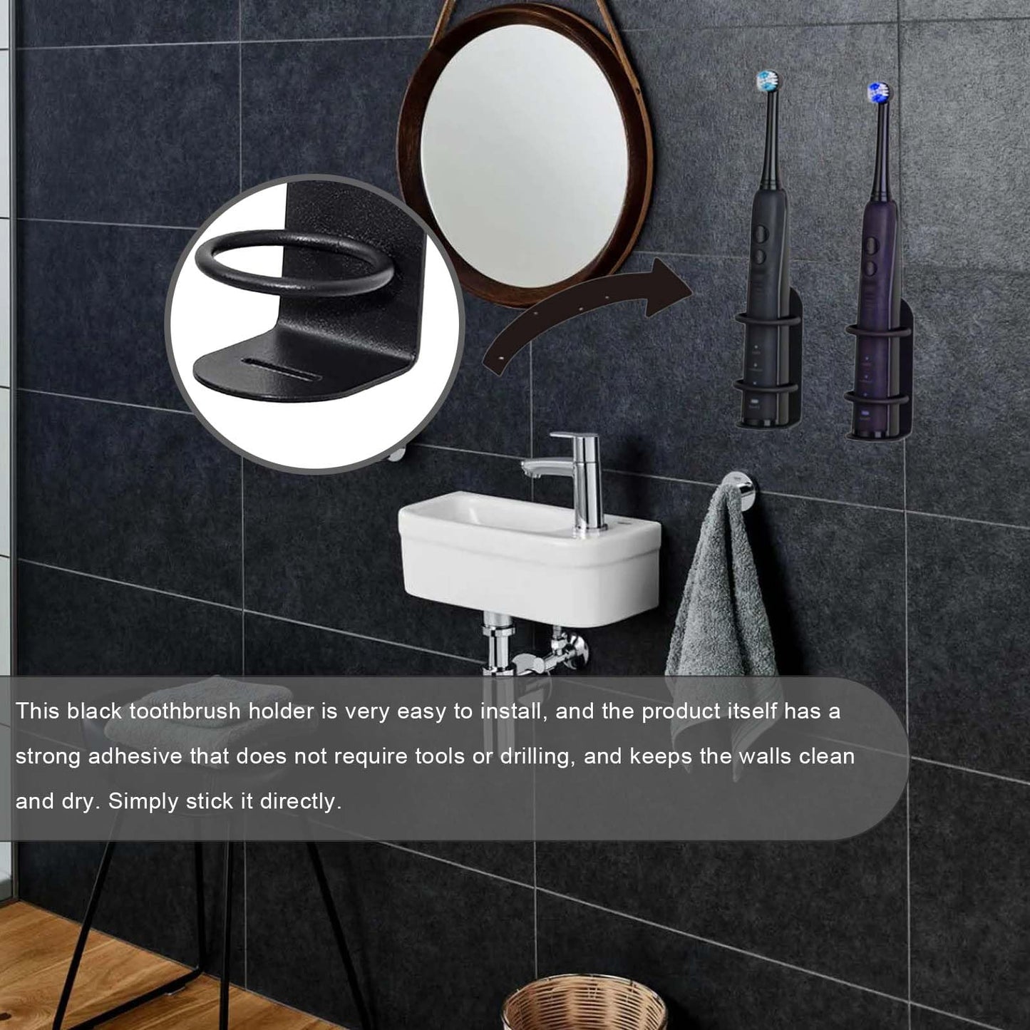 2 Packs Electric Toothbrush Holder, Wall Mounted, Self-Adhesive, Stick On The Wall For Bathroom, Non-Drilling (Black)
