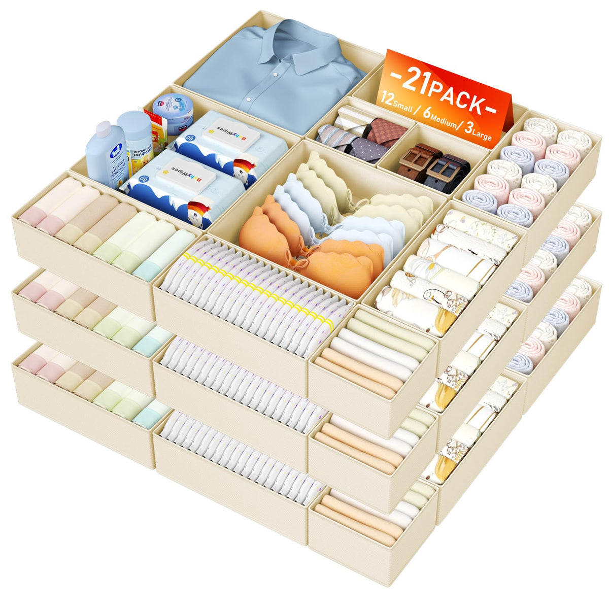 DIMJ Drawer Organisers and Clothes Dividers - 21 Pack Fabric Wardrobe Storage Cubes Foldable Draw Box for Socks, Underwear, Baby Clothing, Ties