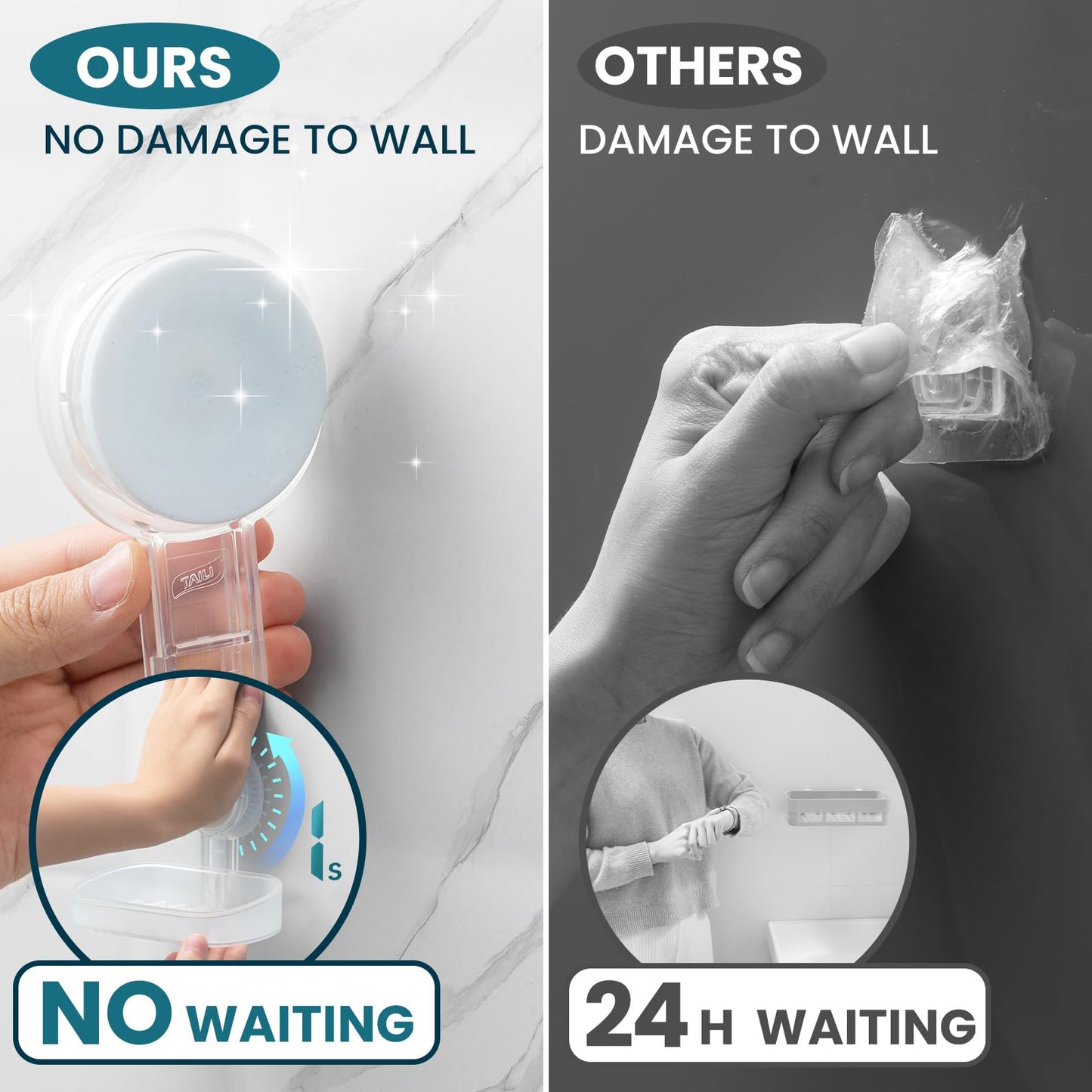 TAILI Suction Soap Dish for Shower, Drill-Free Wall Mounted Holder, Clear
