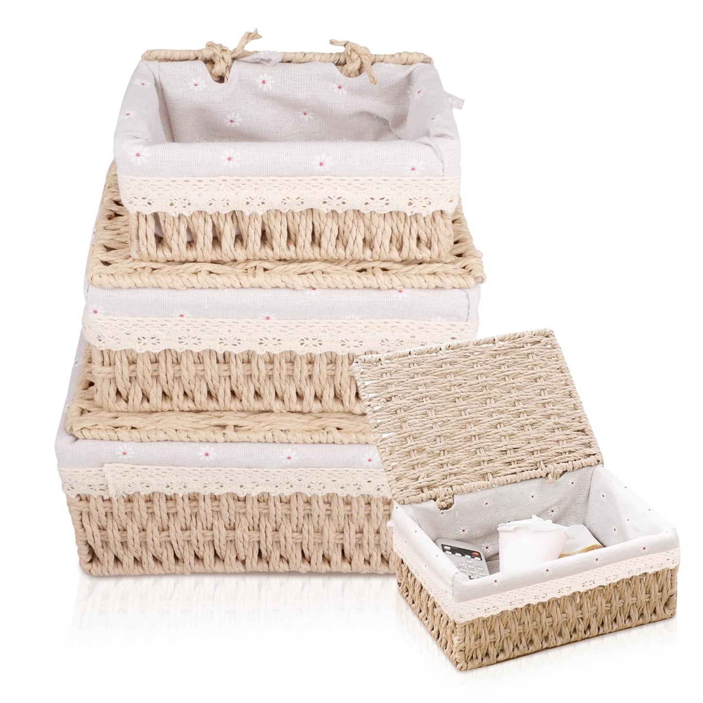 KiKiHong 3 Set Handwoven Storage Baskets With Lids,Basket With Lid