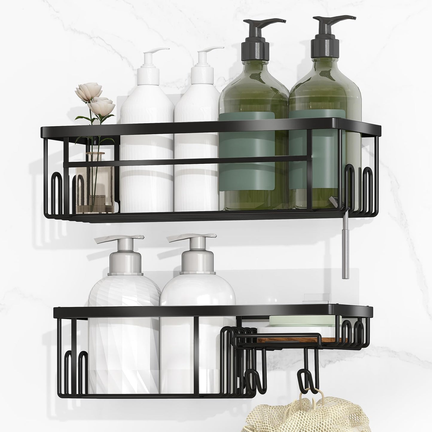 Alyvisun 2 Pack Large Capacity Shower Caddy with Strong Adhesive & Load Bearing, Stainless Steel Bathroom Shelves with Soap Holder and Hooks,