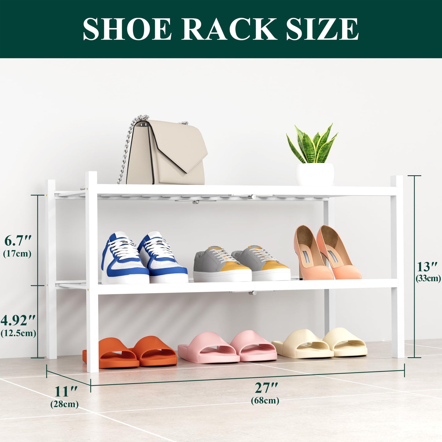 smiry Shoe Rack, 2 Tier Bamboo Shoe Organizer, Stackable Free Standing Wooden Shoe Storage Shelf for Entryway, Front Door Entrance, White